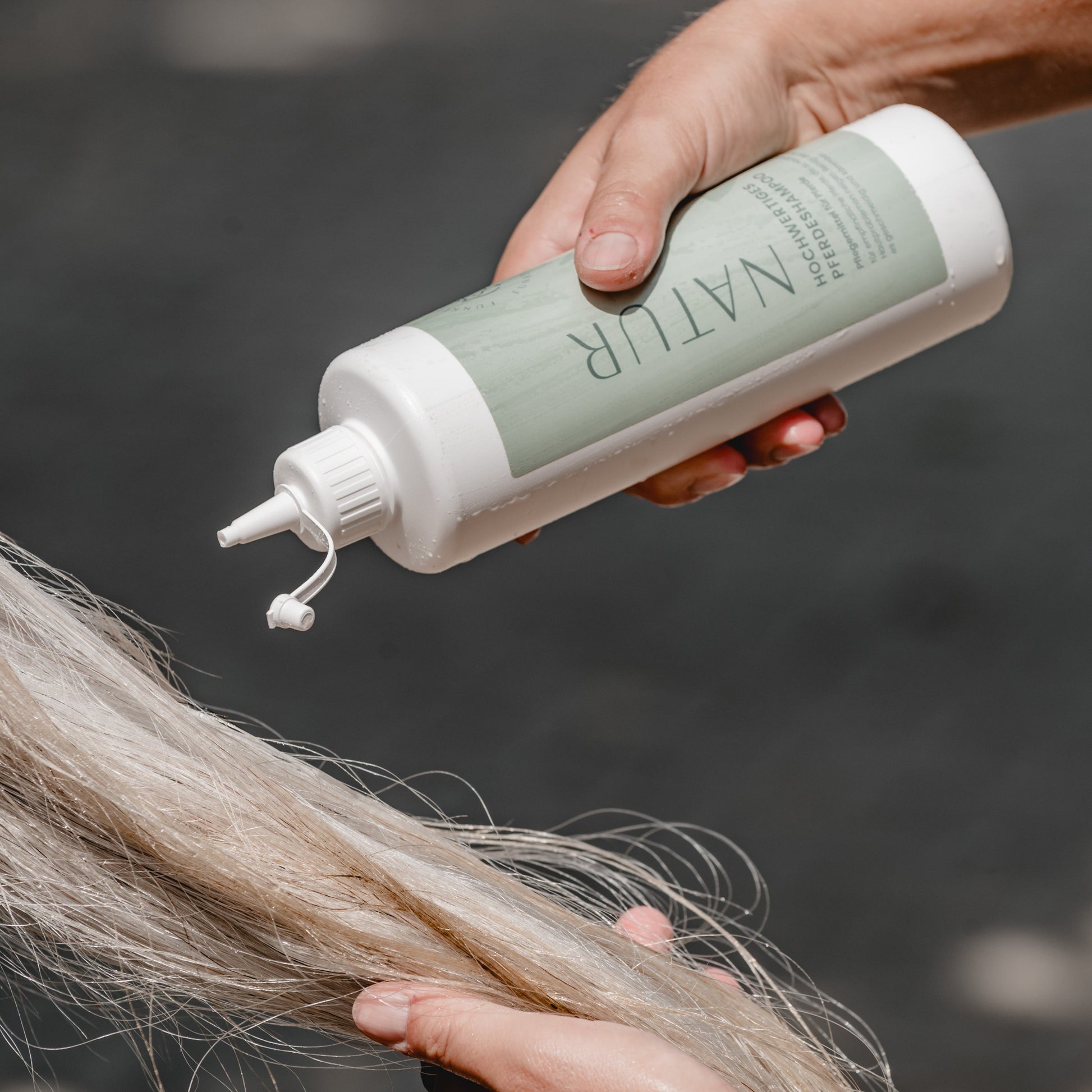 Anwendung des Pferdeshampoos am Schweif