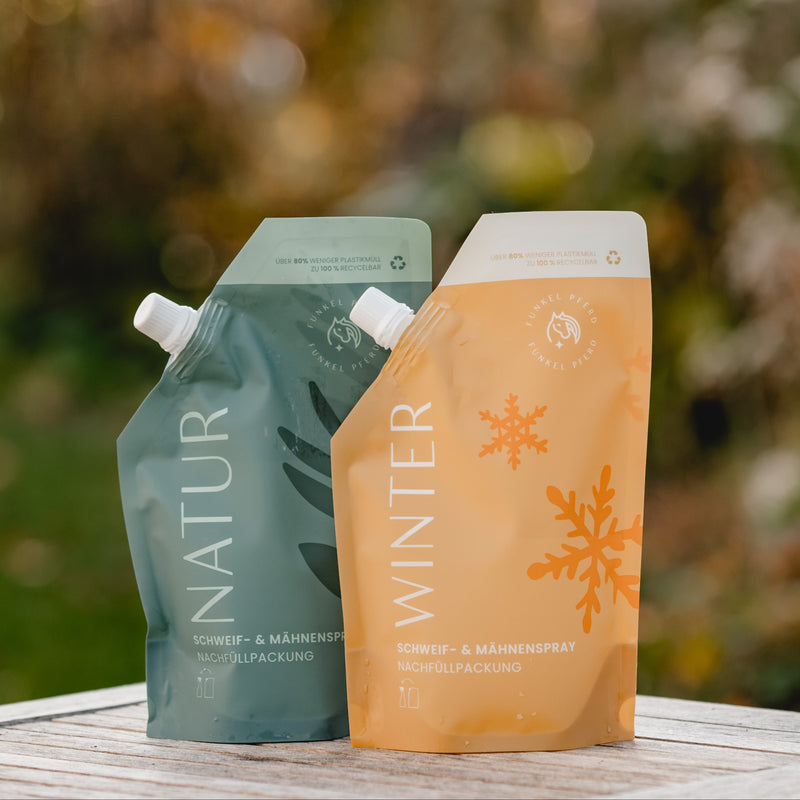 Zwei Nachfüllbeutel Schweif- und Mähnenspray Natur und Winter
