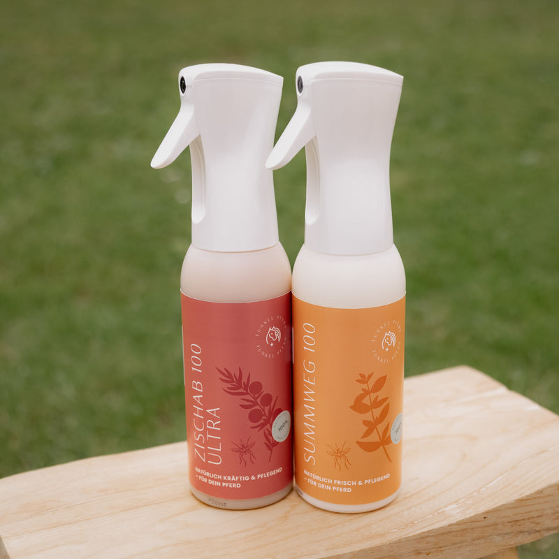 Zwei Sorten natürliches Fliegenspray von Funkelpferd in den Varianten ZischAb und Summweg
